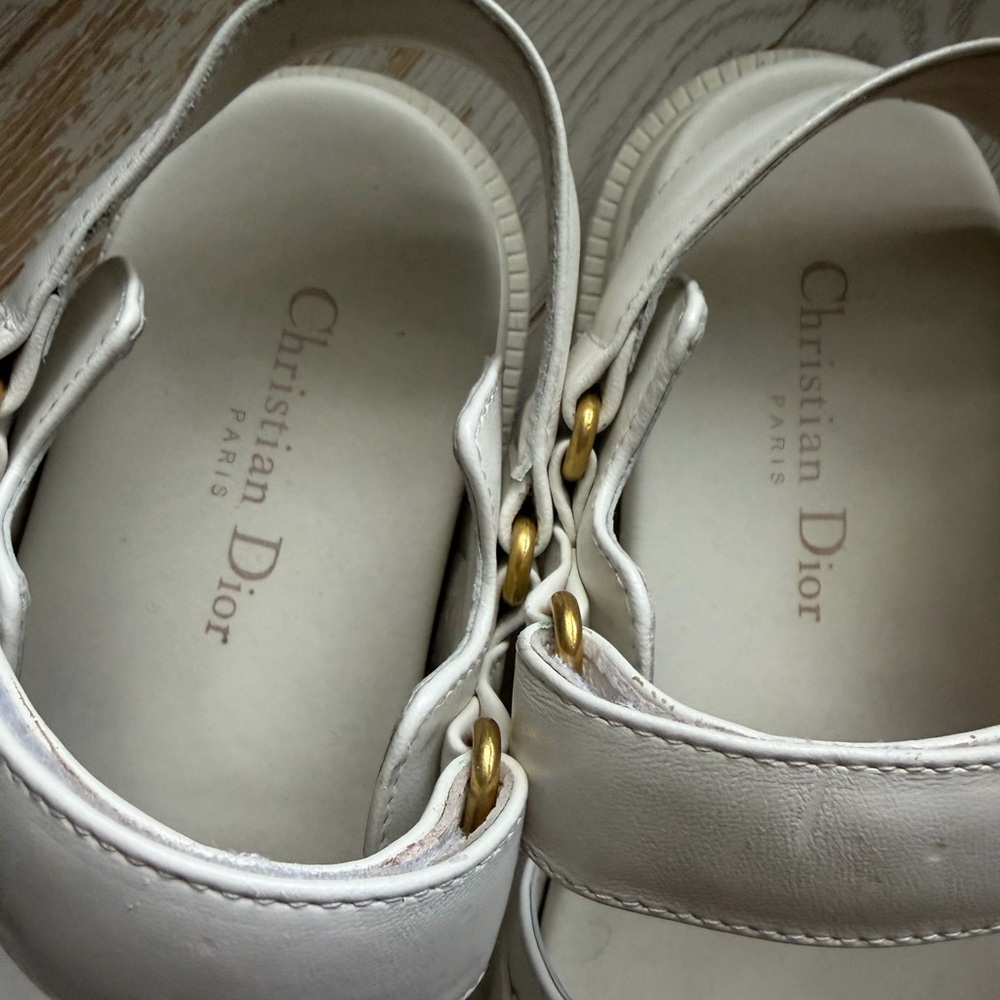Dior White Leather Sandals with Gold Logo - Picture 4 of 10